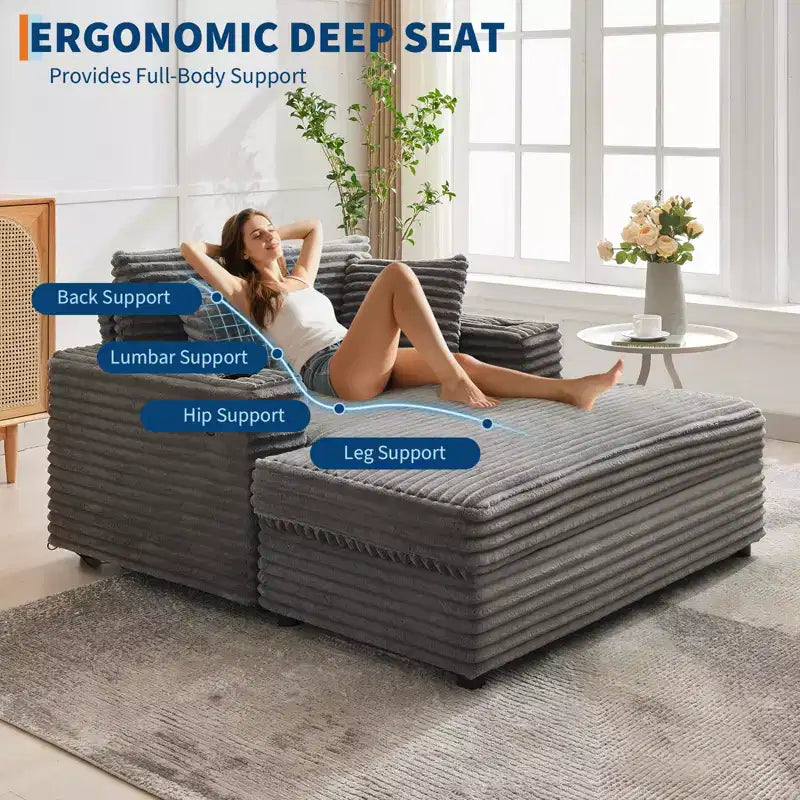 Poltrona Chaise Longue Extralarge 54, Divano Letto Imbottito con 4 Cuscini e Portabicchieri, Comodo Divano in Velluto a Coste per Soggiorno Camera da Letto