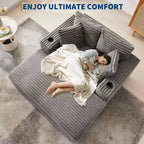 Poltrona Chaise Longue Extralarge 54, Divano Letto Imbottito con 4 Cuscini e Portabicchieri, Comodo Divano in Velluto a Coste per Soggiorno Camera da Letto