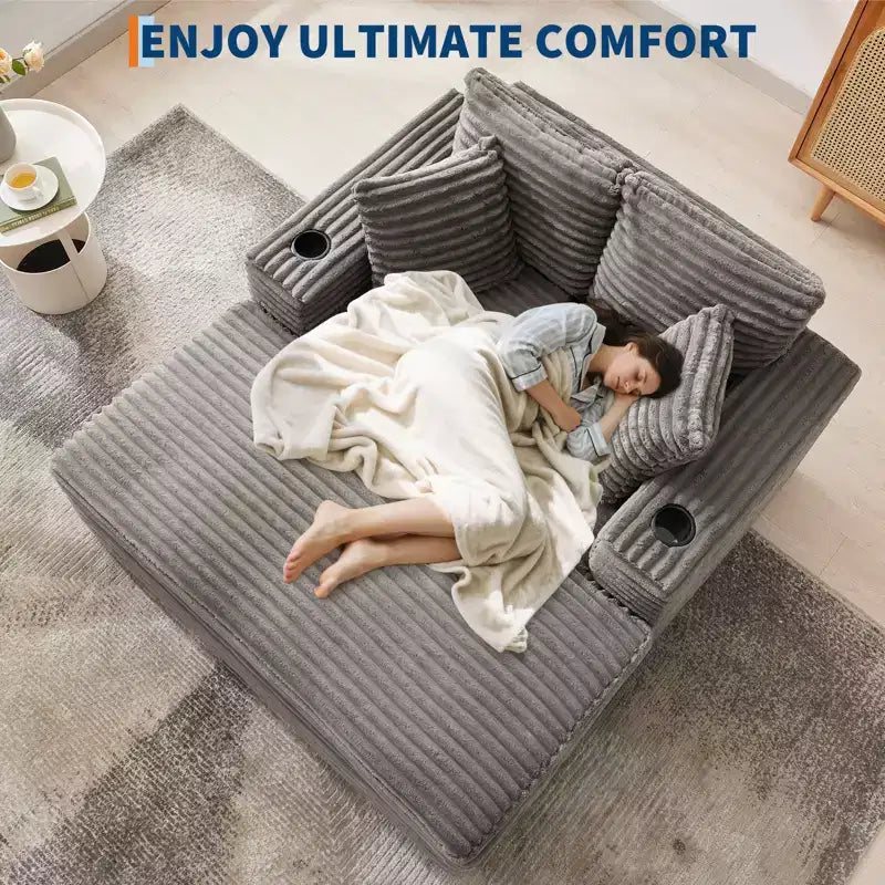 Poltrona Chaise Longue Extralarge 54, Divano Letto Imbottito con 4 Cuscini e Portabicchieri, Comodo Divano in Velluto a Coste per Soggiorno Camera da Letto