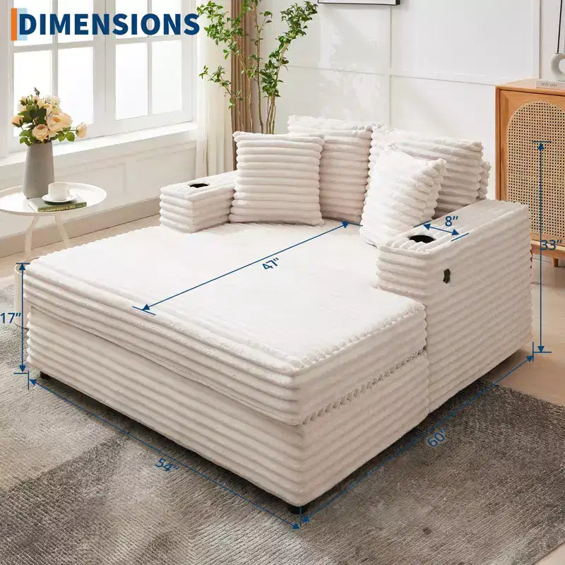 Poltrona Chaise Longue Extralarge 54, Divano Letto Imbottito con 4 Cuscini e Portabicchieri, Comodo Divano in Velluto a Coste per Soggiorno Camera da Letto