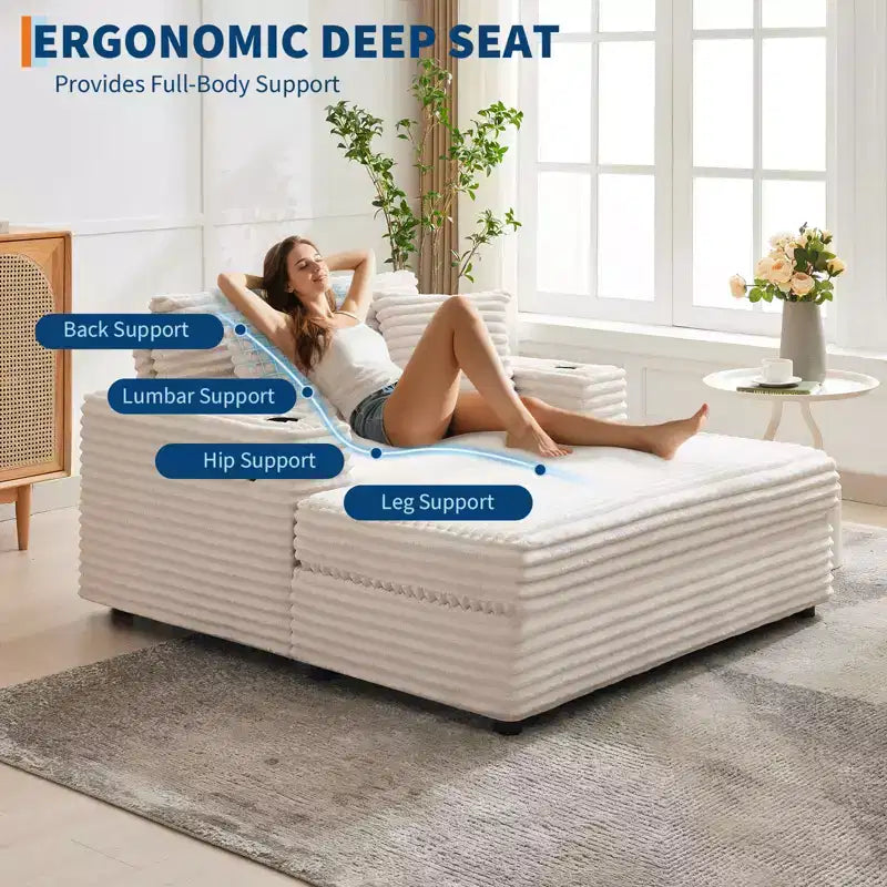 Poltrona Chaise Longue Extralarge 54, Divano Letto Imbottito con 4 Cuscini e Portabicchieri, Comodo Divano in Velluto a Coste per Soggiorno Camera da Letto