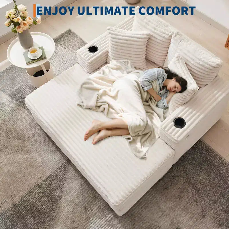 Poltrona Chaise Longue Extralarge 54, Divano Letto Imbottito con 4 Cuscini e Portabicchieri, Comodo Divano in Velluto a Coste per Soggiorno Camera da Letto