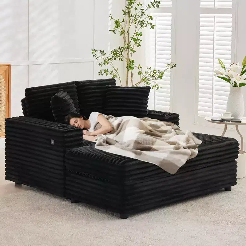Poltrona Chaise Longue Extralarge 54, Divano Letto Imbottito con 4 Cuscini e Portabicchieri, Comodo Divano in Velluto a Coste per Soggiorno Camera da Letto