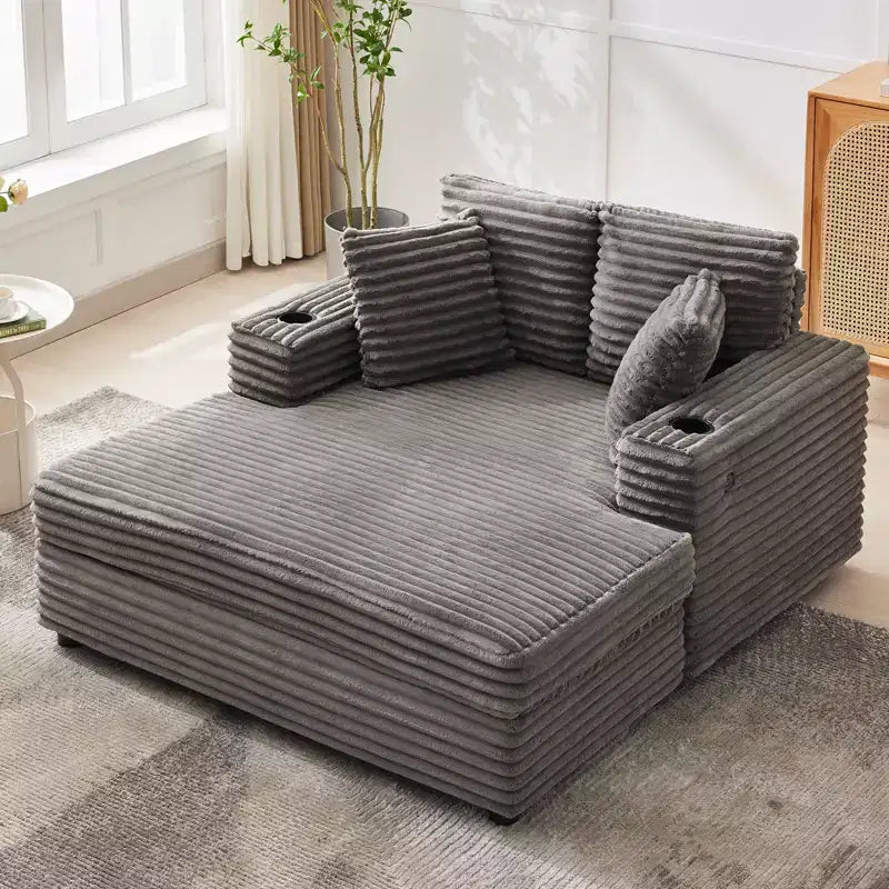 54 Oversized Chaise Lounge Chair, Upholstered Sleeper Sofa Bed with 4 Pillows & Cup Holder, Corduroy Comfy Sofa Couch for Living Room Bedroom