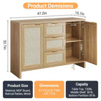 COZONY 47 Madia buffet moderna in rattan con contenitore, Credenza boho con cassetti e ante, Mobile bar in legno