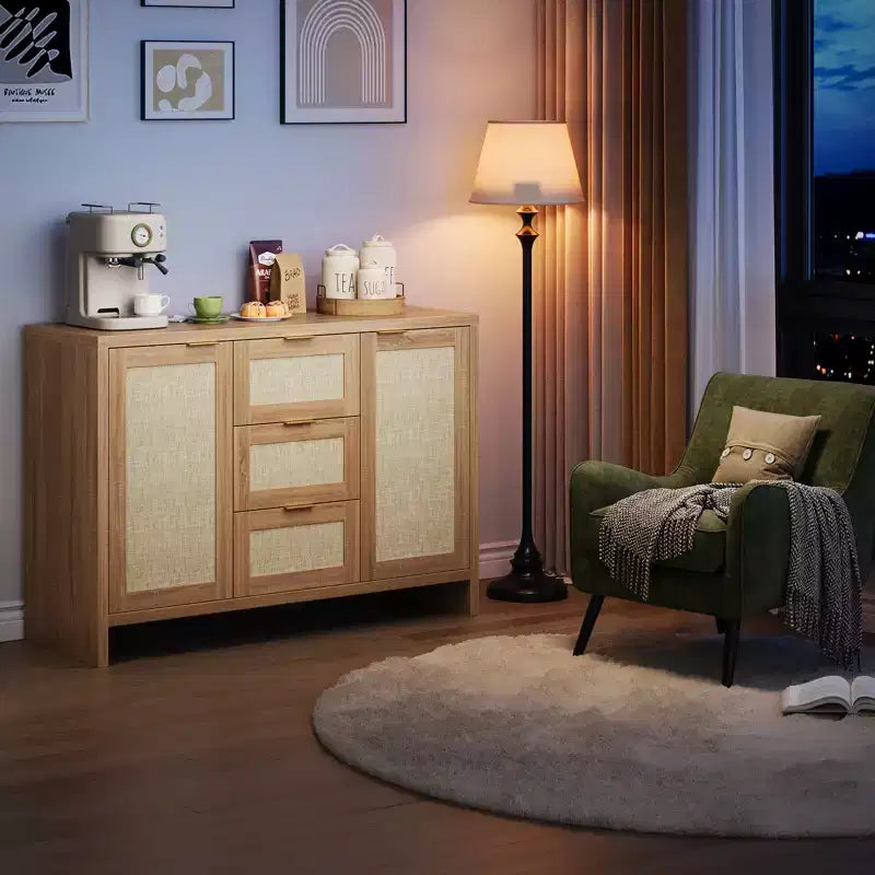 COZONY 47 Madia buffet moderna in rattan con contenitore, Credenza boho con cassetti e ante, Mobile bar in legno