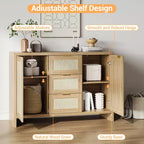 COZONY 47 Madia buffet moderna in rattan con contenitore, Credenza boho con cassetti e ante, Mobile bar in legno