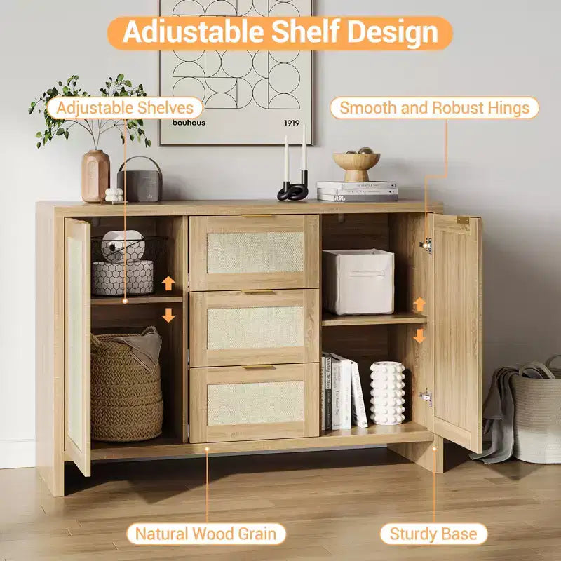 COZONY 47 Madia buffet moderna in rattan con contenitore, Credenza boho con cassetti e ante, Mobile bar in legno