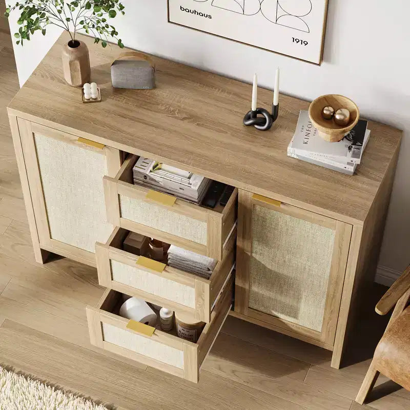 COZONY 47 Madia buffet moderna in rattan con contenitore, Credenza boho con cassetti e ante, Mobile bar in legno