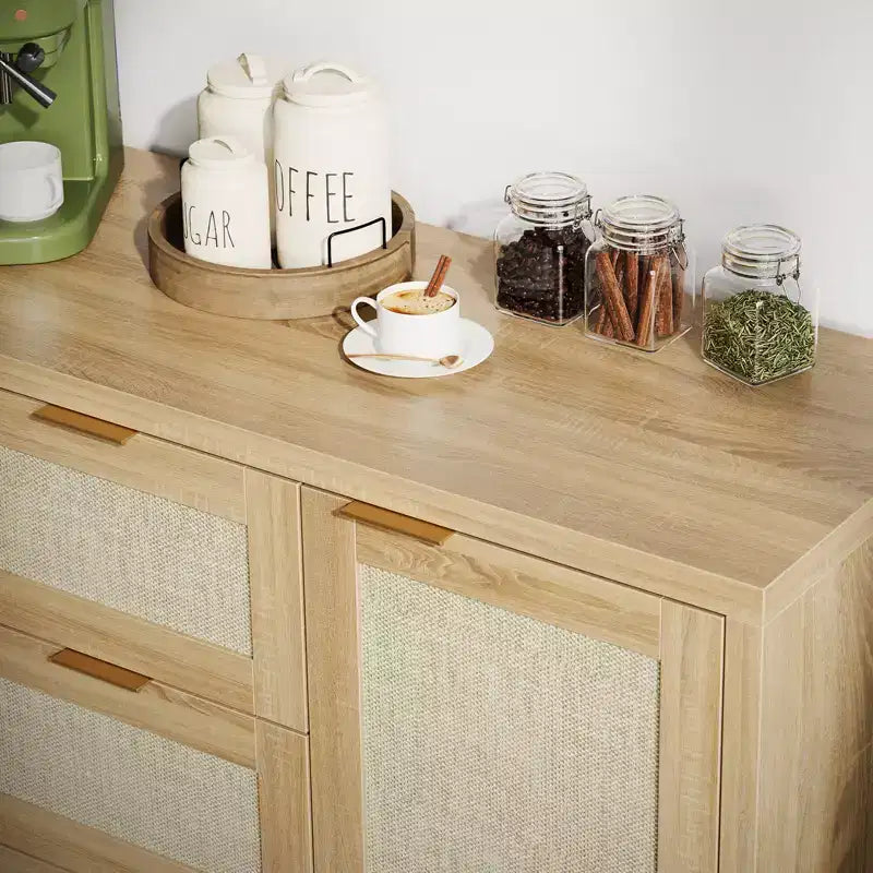 COZONY 47 Madia buffet moderna in rattan con contenitore, Credenza boho con cassetti e ante, Mobile bar in legno