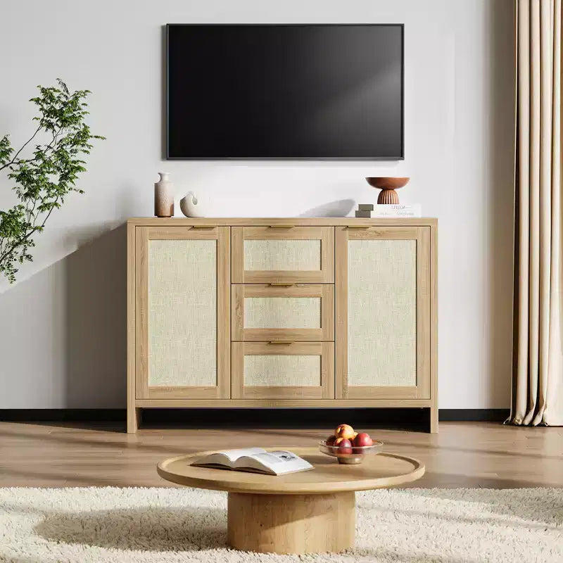 COZONY 47 Madia buffet moderna in rattan con contenitore, Credenza boho con cassetti e ante, Mobile bar in legno