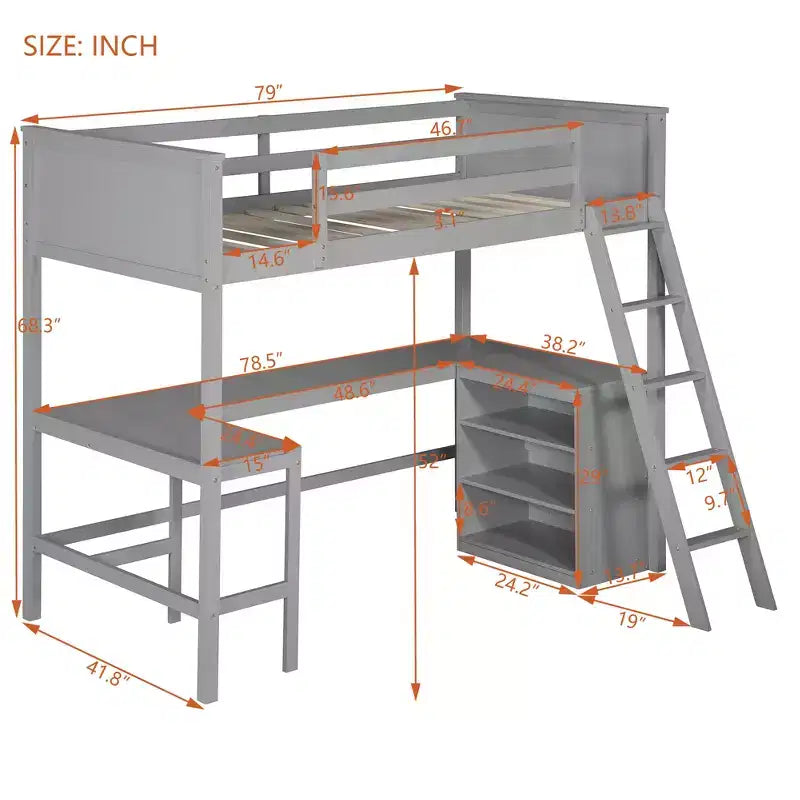 Letto a soppalco alto singolo con scrivania, Struttura letto a soppalco in legno con ripiani portaoggetti