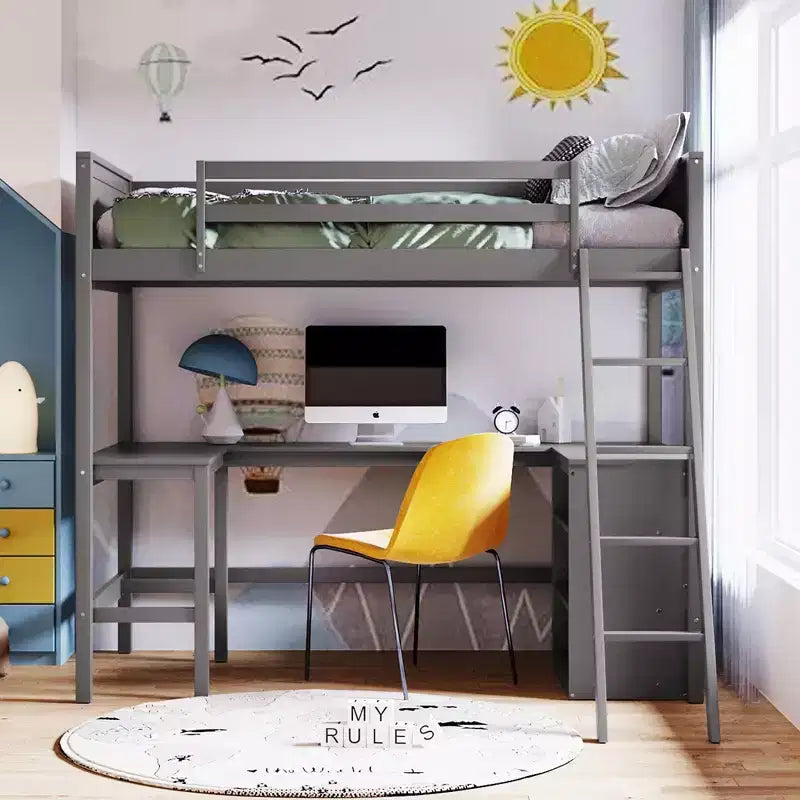 Letto a soppalco alto singolo con scrivania, Struttura letto a soppalco in legno con ripiani portaoggetti