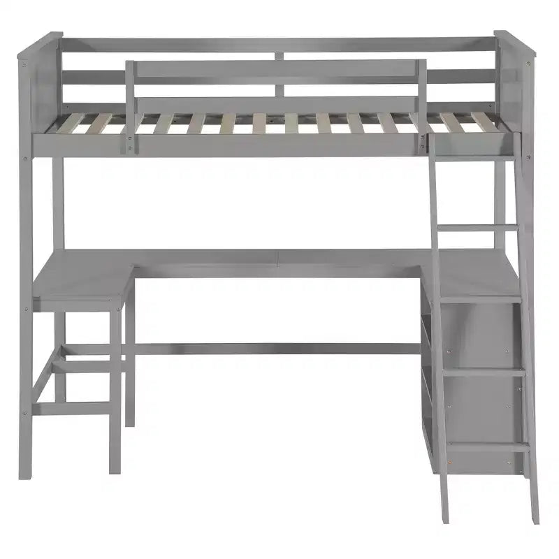 Letto a soppalco alto singolo con scrivania, Struttura letto a soppalco in legno con ripiani portaoggetti