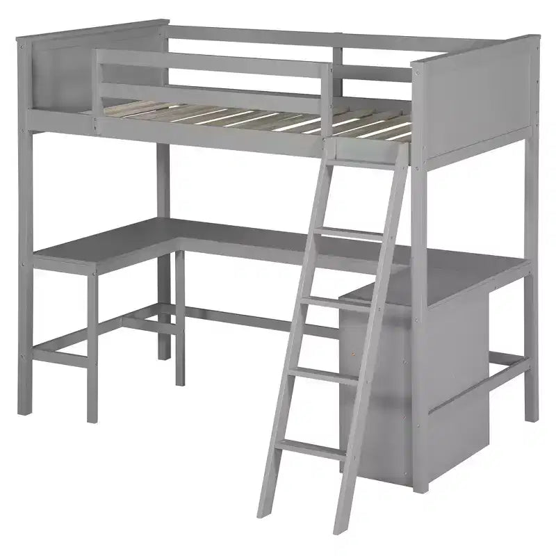 Letto a soppalco alto singolo con scrivania, Struttura letto a soppalco in legno con ripiani portaoggetti