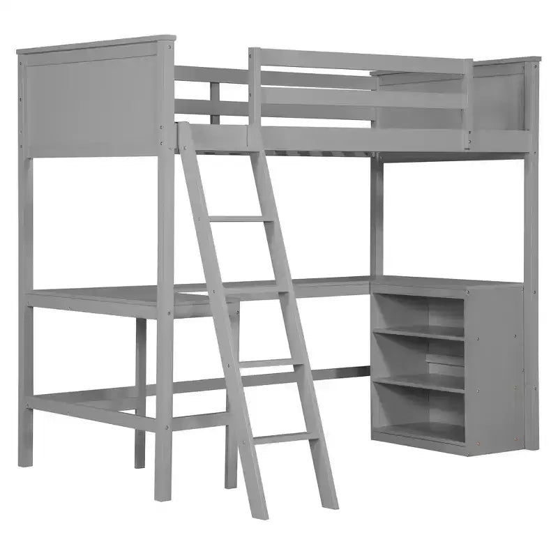 Letto a soppalco alto singolo con scrivania, Struttura letto a soppalco in legno con ripiani portaoggetti