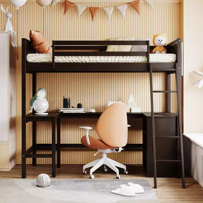Letto a soppalco alto singolo con scrivania, Struttura letto a soppalco in legno con ripiani portaoggetti