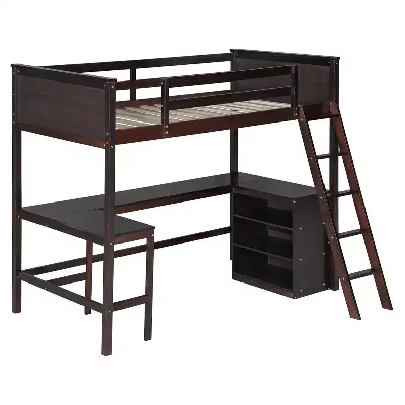 Letto a soppalco alto singolo con scrivania, Struttura letto a soppalco in legno con ripiani portaoggetti