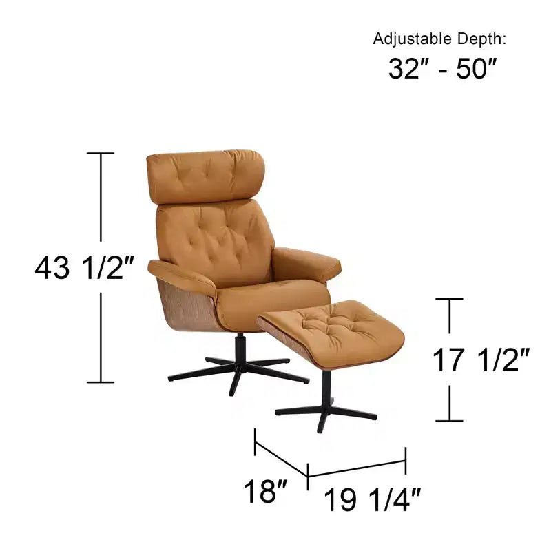 Poltrona reclinabile moderna BenchMaster Malibu in similpelle color cognac con pouf poggiapiedi, reclinazione manuale confortevole per camera da letto