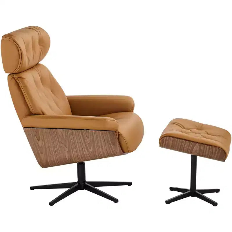 Poltrona reclinabile moderna BenchMaster Malibu in similpelle color cognac con pouf poggiapiedi, reclinazione manuale confortevole per camera da letto