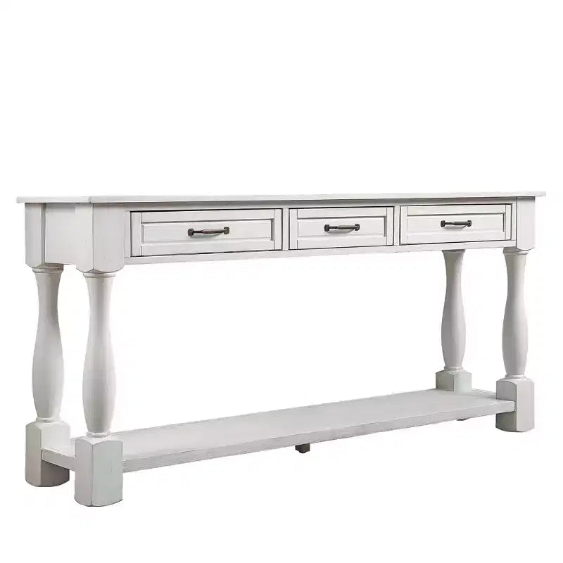 Tavolo Consolle lungo 160 cm in Legno Hostack con 3 Cassetti e 1 Ripiano Inferiore per Ingresso e Corridoio, Bianco Antico