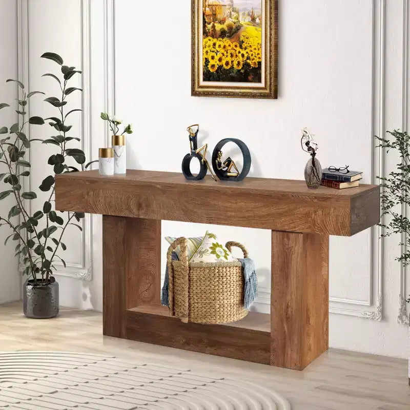 GustoWave 63 Tavolo da divano rettangolare in legno, tavolo d'ingresso in stile rustico, marrone rustico/2 ripiani