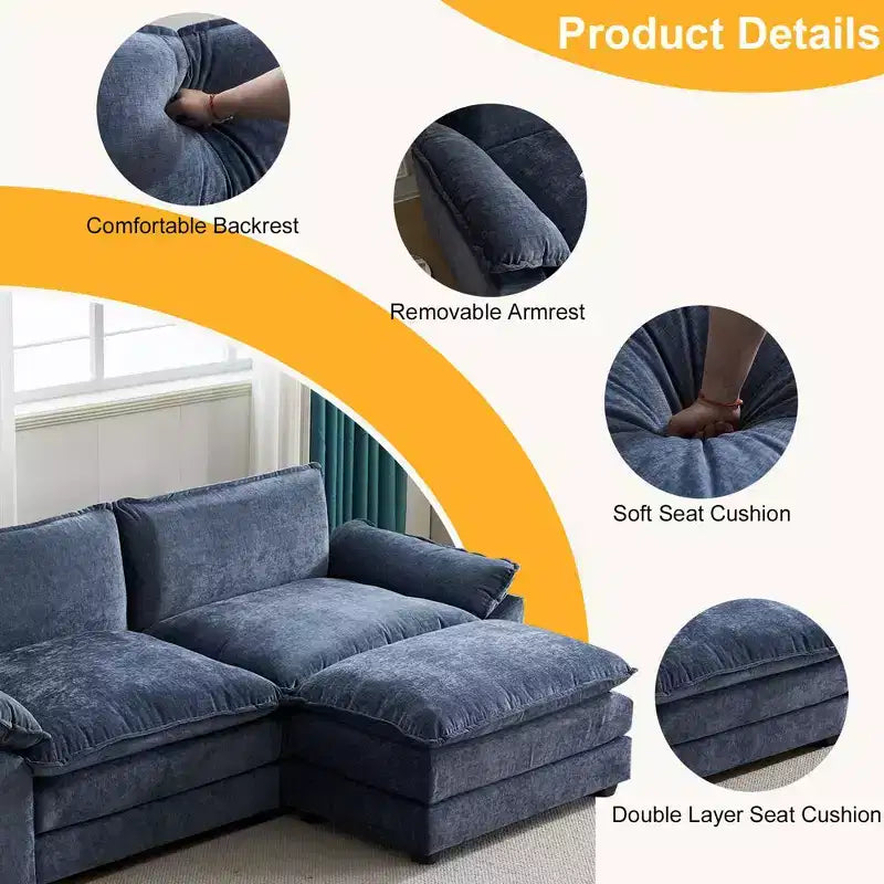 Karl Home | Divano in ciniglia blu da 216 cm con braccioli Pillow Top, cuscino a doppio strato e pouf