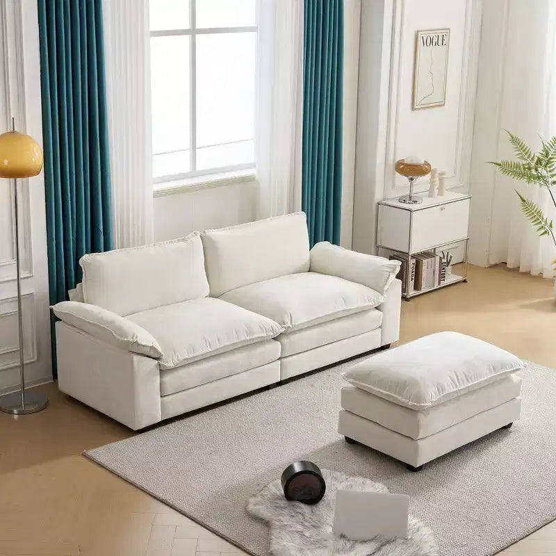 Karl Home | Divano in ciniglia blu da 216 cm con braccioli Pillow Top, cuscino a doppio strato e pouf