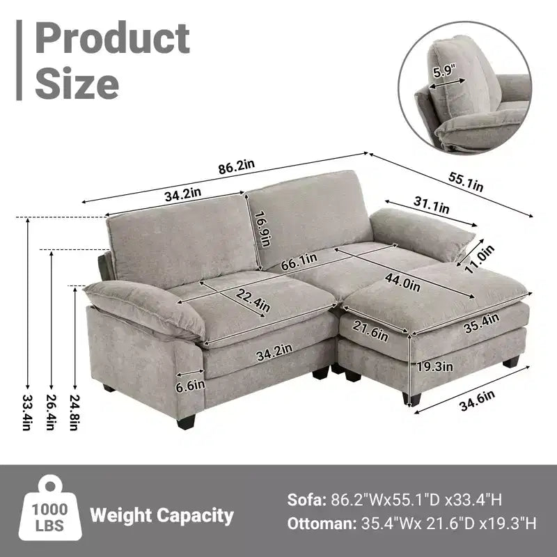 Karl Home | Divano in ciniglia blu da 216 cm con braccioli Pillow Top, cuscino a doppio strato e pouf
