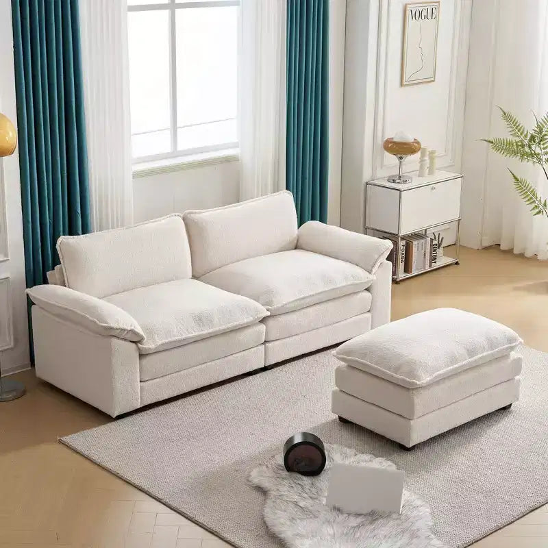 Karl Home | Divano in ciniglia blu da 216 cm con braccioli Pillow Top, cuscino a doppio strato e pouf
