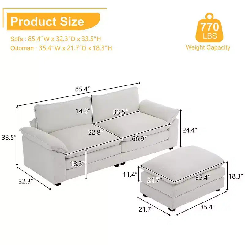 Karl Home | Divano in ciniglia blu da 216 cm con braccioli Pillow Top, cuscino a doppio strato e pouf