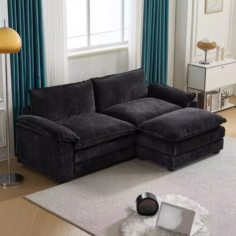 Karl Home | Divano in ciniglia blu da 216 cm con braccioli Pillow Top, cuscino a doppio strato e pouf