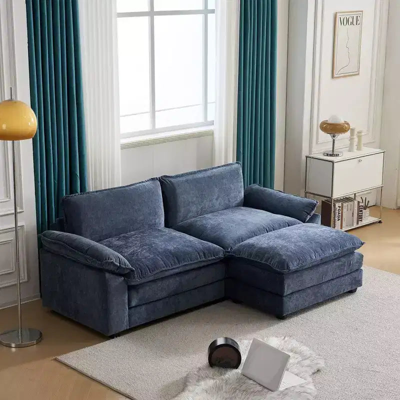 Karl Home | Divano in ciniglia blu da 216 cm con braccioli Pillow Top, cuscino a doppio strato e pouf