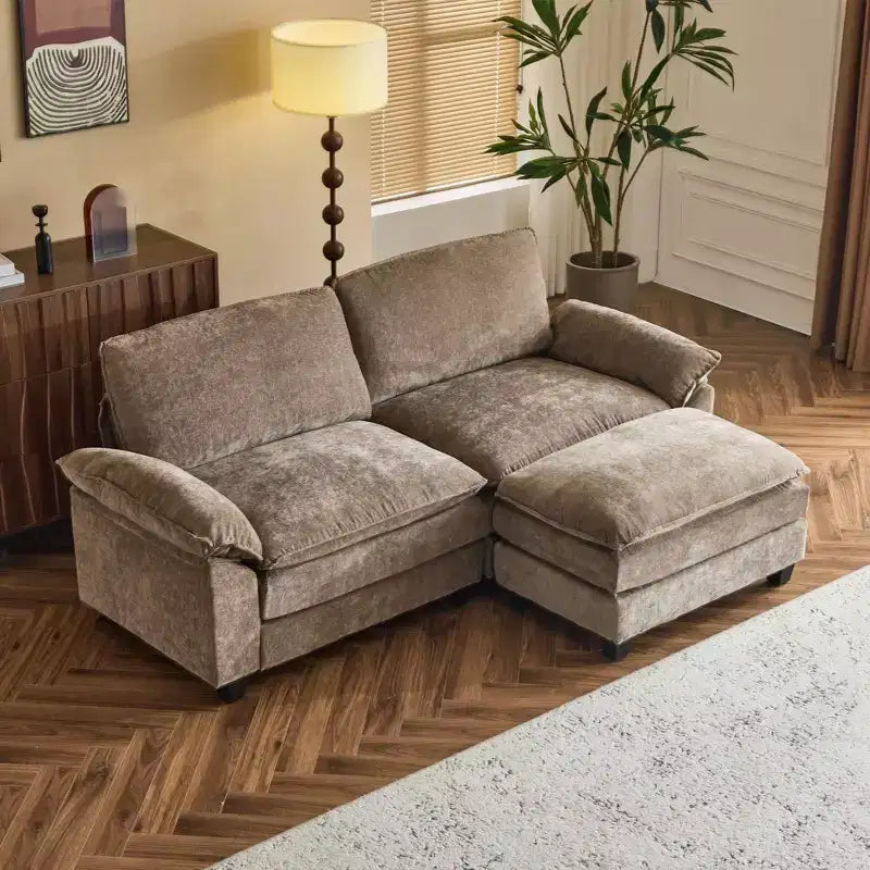 Karl Home | Divano in ciniglia blu da 216 cm con braccioli Pillow Top, cuscino a doppio strato e pouf