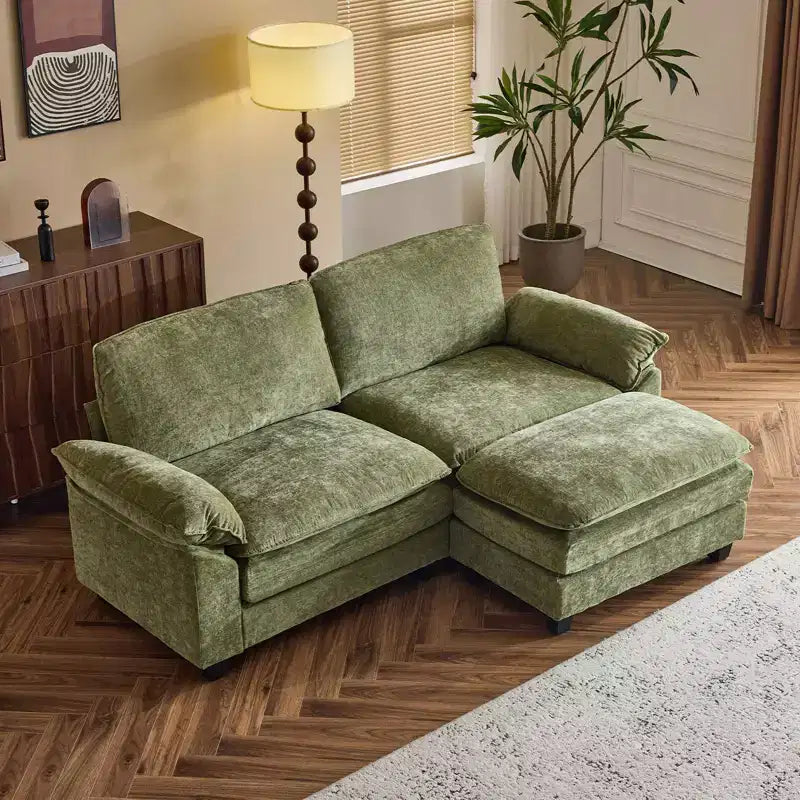 Karl Home | Divano in ciniglia blu da 216 cm con braccioli Pillow Top, cuscino a doppio strato e pouf