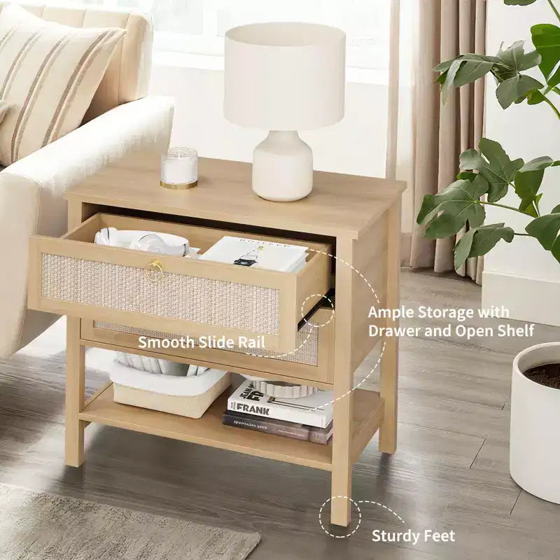 Comodini in rattan set da 2, tavolino d'appoggio con 2 cassetti e ripiano aperto, tavolino laterale per divano per piccoli spazi, comodino per soggiorno