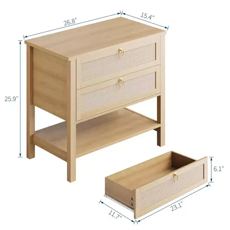 Comodini in rattan set da 2, tavolino d'appoggio con 2 cassetti e ripiano aperto, tavolino laterale per divano per piccoli spazi, comodino per soggiorno