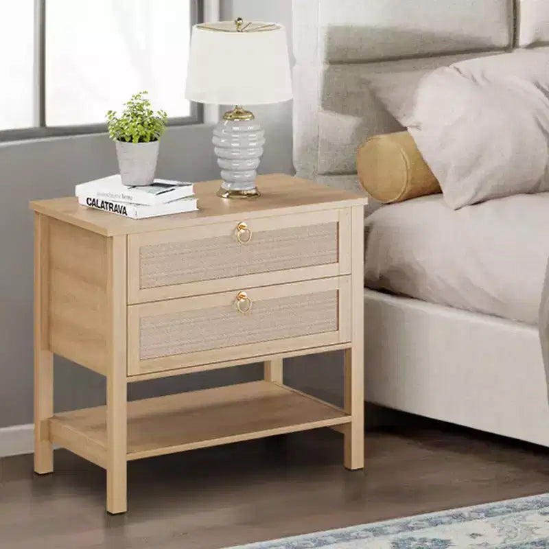Comodini in rattan set da 2, tavolino d'appoggio con 2 cassetti e ripiano aperto, tavolino laterale per divano per piccoli spazi, comodino per soggiorno