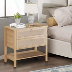 Comodini in rattan set da 2, tavolino d'appoggio con 2 cassetti e ripiano aperto, tavolino laterale per divano per piccoli spazi, comodino per soggiorno