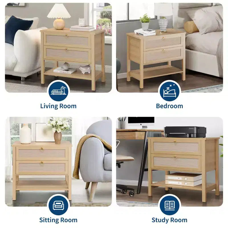 Comodini in rattan set da 2, tavolino d'appoggio con 2 cassetti e ripiano aperto, tavolino laterale per divano per piccoli spazi, comodino per soggiorno
