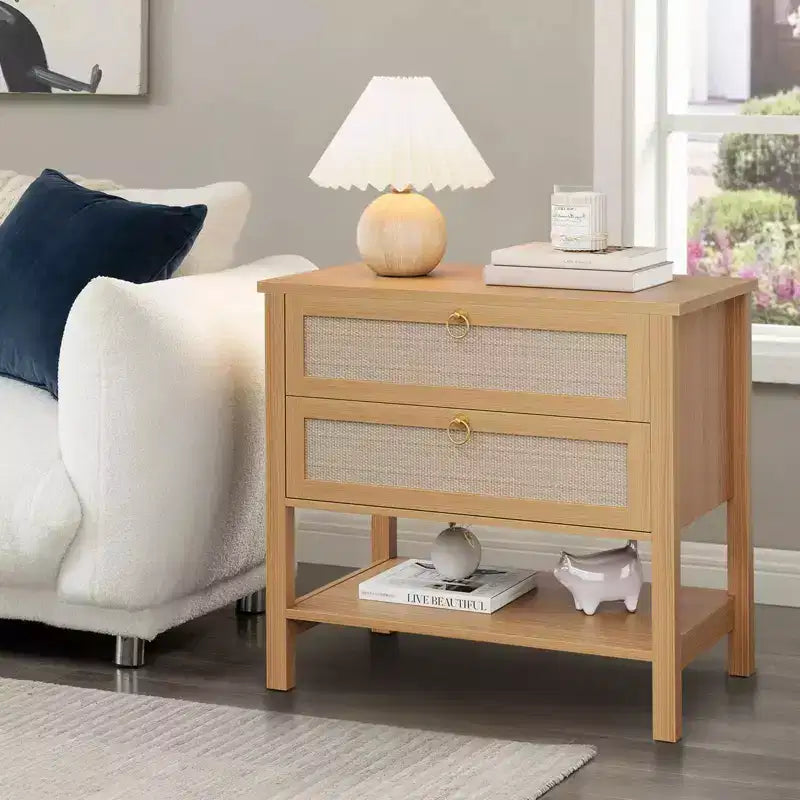 Comodini in rattan set da 2, tavolino d'appoggio con 2 cassetti e ripiano aperto, tavolino laterale per divano per piccoli spazi, comodino per soggiorno