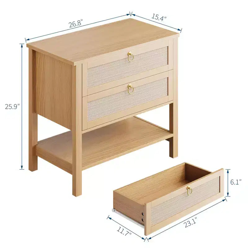 Comodini in rattan set da 2, tavolino d'appoggio con 2 cassetti e ripiano aperto, tavolino laterale per divano per piccoli spazi, comodino per soggiorno