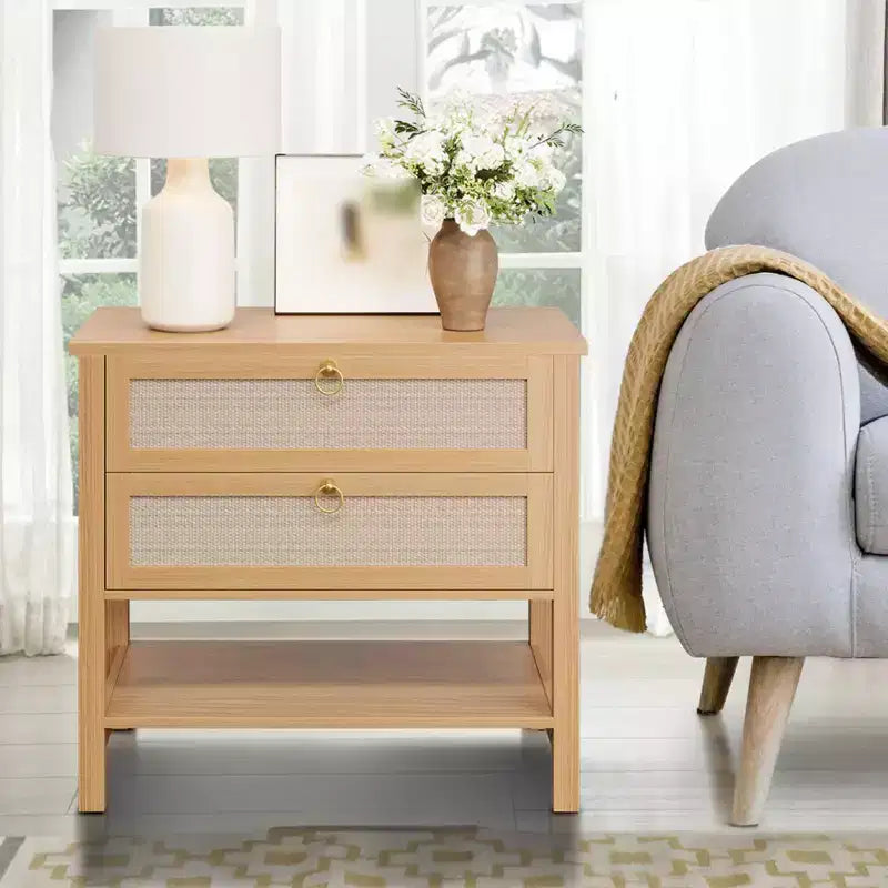 Comodini in rattan set da 2, tavolino d'appoggio con 2 cassetti e ripiano aperto, tavolino laterale per divano per piccoli spazi, comodino per soggiorno