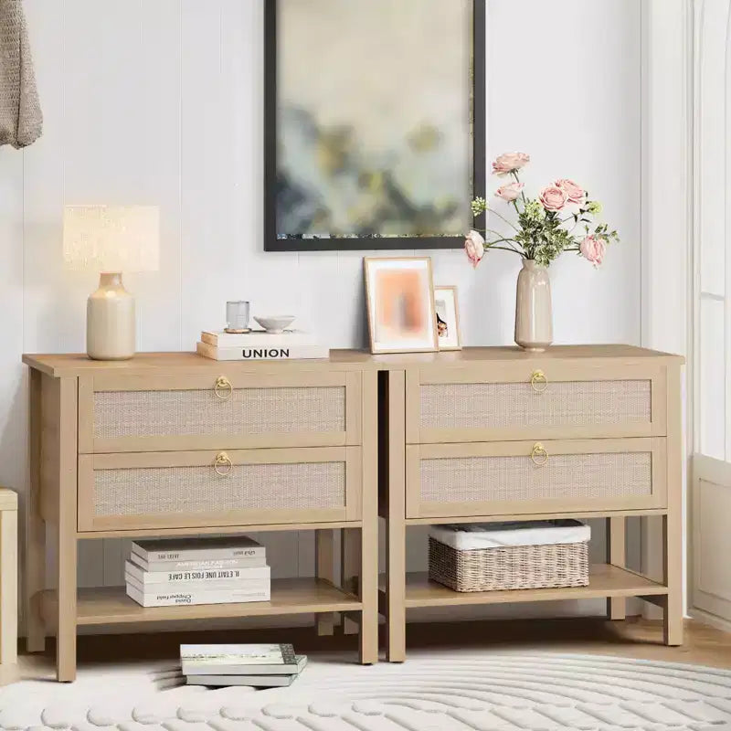 Comodini in rattan set da 2, tavolino d'appoggio con 2 cassetti e ripiano aperto, tavolino laterale per divano per piccoli spazi, comodino per soggiorno