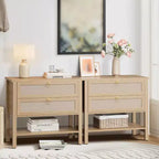 Comodini in rattan set da 2, tavolino d'appoggio con 2 cassetti e ripiano aperto, tavolino laterale per divano per piccoli spazi, comodino per soggiorno
