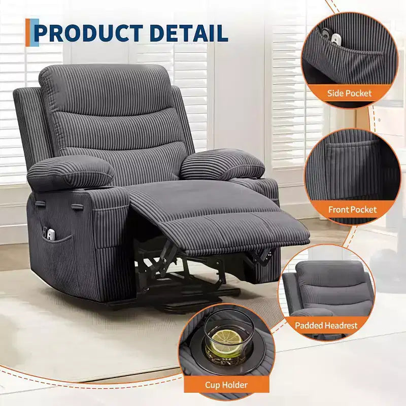GustoWave Poltrona reclinabile alzapersona oversize con massaggio e riscaldamento per anziani, Poltrona reclinabile per persone alte e robuste, Poltrona reclinabile singola Lazy Boy