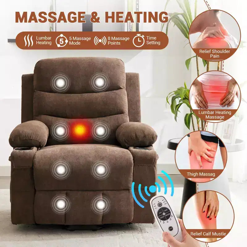 GustoWave Poltrona reclinabile alzapersona oversize con massaggio e riscaldamento per anziani, Poltrona reclinabile per persone alte e robuste, Poltrona reclinabile singola Lazy Boy