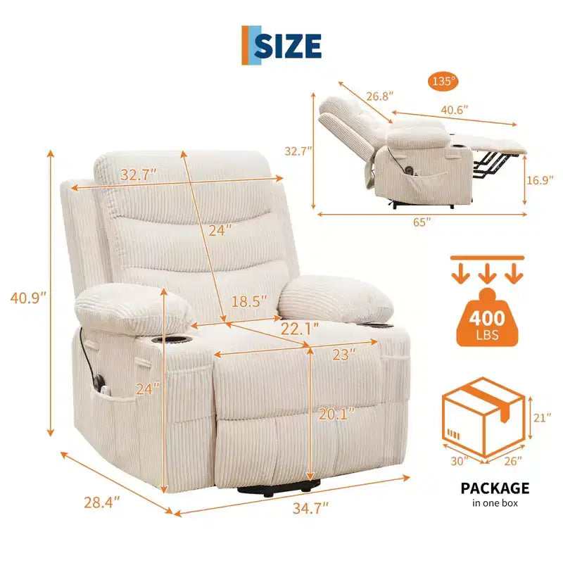 GustoWave Poltrona reclinabile alzapersona oversize con massaggio e riscaldamento per anziani, Poltrona reclinabile per persone alte e robuste, Poltrona reclinabile singola Lazy Boy
