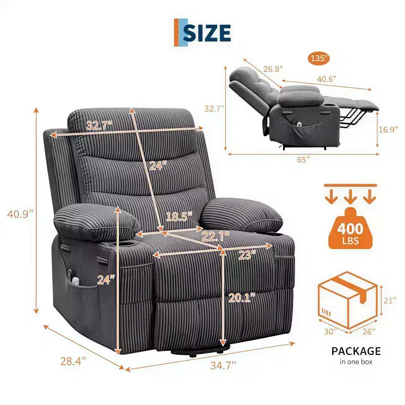 GustoWave Poltrona reclinabile alzapersona oversize con massaggio e riscaldamento per anziani, Poltrona reclinabile per persone alte e robuste, Poltrona reclinabile singola Lazy Boy