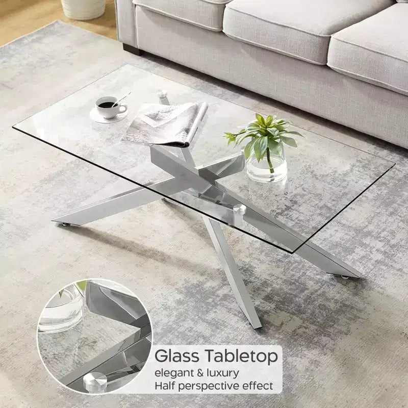 Tavolino da caffè moderno Probe Hues con piano in vetro temperato e gambe geometriche in metallo per soggiorno